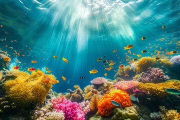 Fototapeta na wymiar Colorful fish swimming in underwater coral reef landscape. Deep blue ocean with colorful fish and marine life.