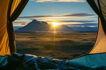 Beautiful sunrise view from the tent. Tourist admiring scenic morning landscape from inside the tent at campsite. Breathtaking Icelandic nature. Hiking by foot.