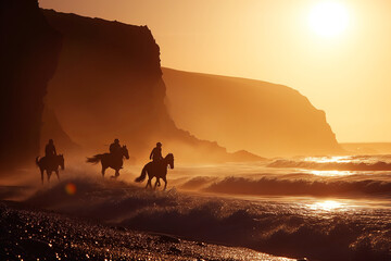 Group of people riding horses in beautiful Irish landscape on dramatic sunset. Tourists admiring scenic view while on horseback riding tour on a beach on the west coast of Ireland.