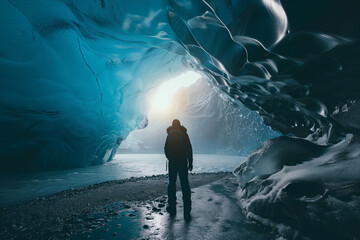 Young tourist admiring a view of spectacular Icelandic ice cave. Breathtaking landscape of Iceland. Hiking by foot.