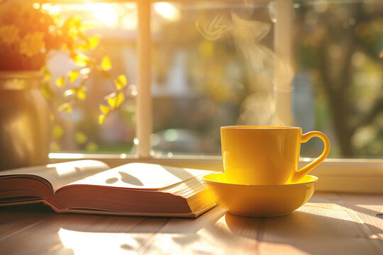 Cozy warm composition with yellow cup of hot coffee or tea and a book on sunny windowsill on spring day. Spring home decor. Easter.