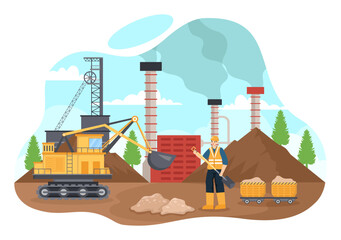 Mining Company Vector Illustration with Heavy Yellow Dumper Trucks for Sand Mine Industrial Process or Transportation in Flat Cartoon Background © denayune