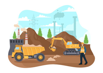 Obraz na płótnie Canvas Mining Company Vector Illustration with Heavy Yellow Dumper Trucks for Sand Mine Industrial Process or Transportation in Flat Cartoon Background