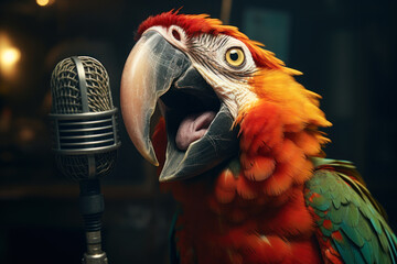 Exotic parrot singing into a microphone
