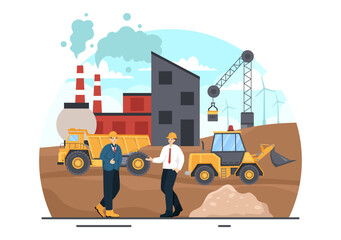 Mining Company Vector Illustration with Heavy Yellow Dumper Trucks for Sand Mine Industrial Process or Transportation in Flat Cartoon Background © denayune