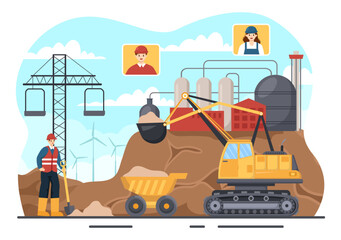 Mining Company Vector Illustration with Heavy Yellow Dumper Trucks for Sand Mine Industrial Process or Transportation in Flat Cartoon Background © denayune