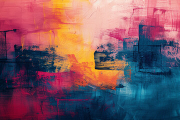 vibrant abstract painting with bold red, orange, and blue brush strokes, creating a dynamic and textured visual effect.