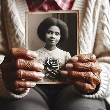 Elderly Black Woman Holding an Old Black and White Family Portrait Photograph of an Image of a Young Woman in her Hands at Home.  Pleasant Memories of Youth, Family Traditions & Passing Life Values.