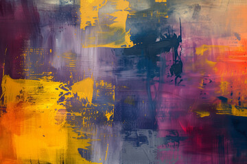 Obraz na płótnie Canvas A vibrant, textured abstract painting with bold strokes of yellow, purple, and red blending into patches of black and white.