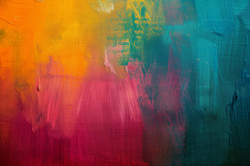 vibrant abstract painting with bold strokes of yellow, red, and teal, creating a lively and textured effect on canvas.