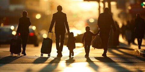Parents and their child walking with luggage, showcasing the challenges of balancing work and childcare. Generative AI. - obrazy, fototapety, plakaty