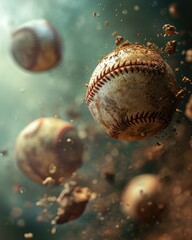 Obraz na płótnie Canvas A dynamic baseball game with flying balls in a field. Generative AI.