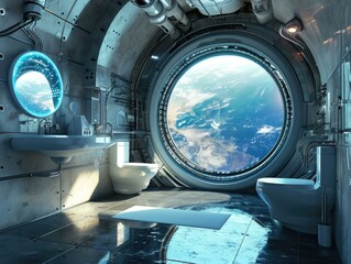 A futuristic restroom with a stunning view of Earth through a big round window. Generative AI.