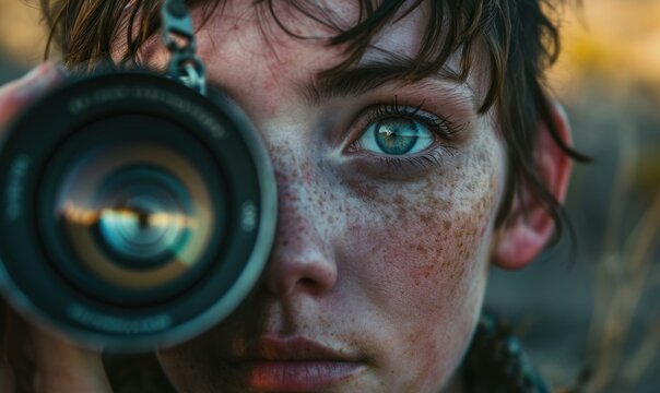 A creative photographer with freckles capturing the world through a camera lens. Generative AI. - Powered by Adobe