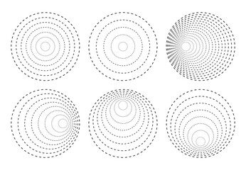 Circles dotted lines, Converging circular rings of dashed line circles. - obrazy, fototapety, plakaty