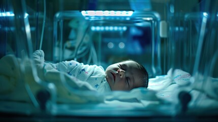 Newborn in the incubator the first day in the world - obrazy, fototapety, plakaty
