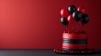 birthday cake with balloon banner, party celebration or  festival poster with copy space, red and black theme