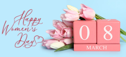 Greeting card for Women's Day with calendar and tulips on light blue background