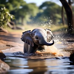 Elephant in water. A baby elephant enjoys a bathtime adventure, spraying water joyfully and playfully splashing mud. Generative AI.