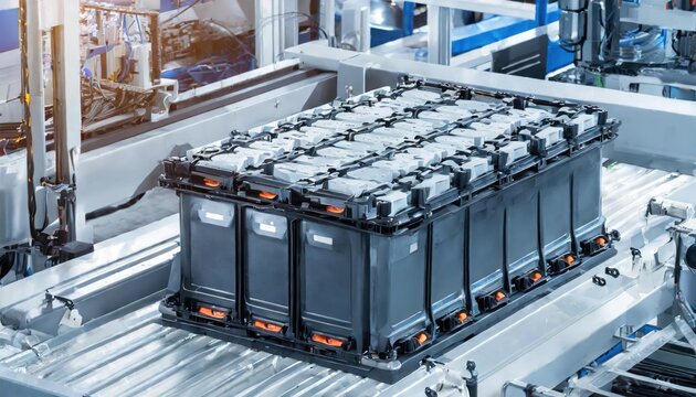 Lithium-ion High-voltage Battery Component for Electric Vehicle or Hybrid Car. Battery Module for Automotive Industry on Production Line. High Capacity Battery Production inside a Factory.