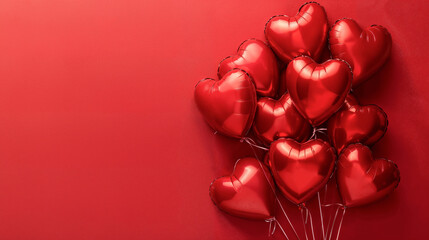 Valentines Day theme heart shaped balloons, against a red textured wall background, cute, love, relationships, valentine's