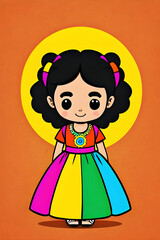 cute cartoon illustration of a little Indian / South Asian girl wearing bright vivid colorful traditional dress clothing