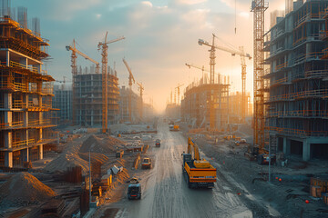 A massive construction site with cranes and scaffolding surrounded by piles of construction materials. Created with generative AI. - obrazy, fototapety, plakaty