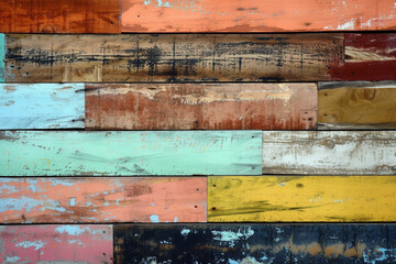Varied textured and colored wooden planks stacked horizontally.