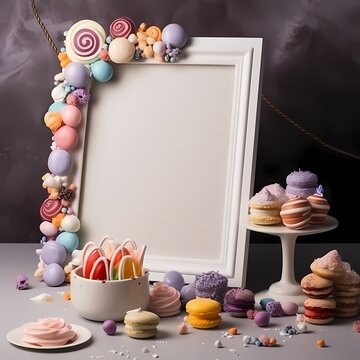 blank pastel cute photo frame with cupcakes and desert
