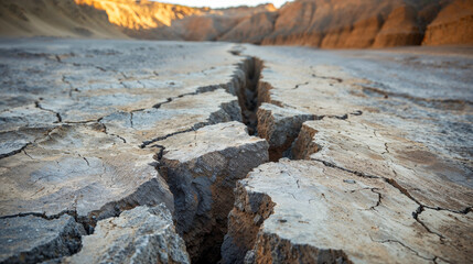 Fault line concept imagery, a large crack in the earth's terrain, a crack in the mud dirt surface of the earth, geode, rock, shifting ground