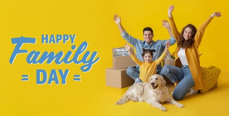 Banner for Happy Family day with parents, little girl and cute dog on moving day