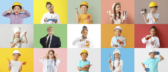 Group of little children in uniforms of different professions on color background
