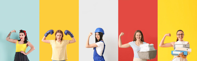 Set of different women showing muscles on color background. Concept of feminism