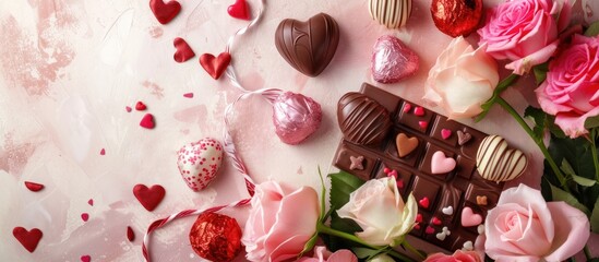 Fototapeta premium Valentines Day background , hearts and chocolates, and love-themed decorations, empty copy space for present