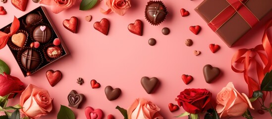Valentines Day background , hearts and chocolates, and love-themed decorations, empty copy space for present