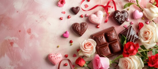Valentines Day background , hearts and chocolates, and love-themed decorations, empty copy space for present