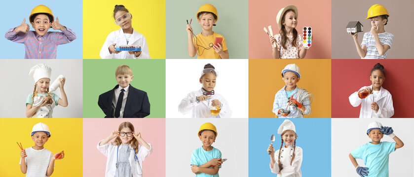 Group of little children in uniforms of different professions on color background