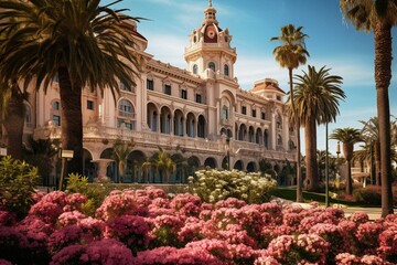 Fototapeta na wymiar Exterior of the picturesque Sanremo casino adorned with palm trees and blooming flowers. Generative AI