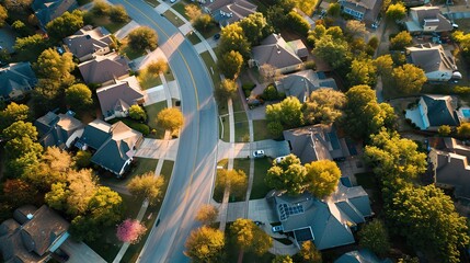 Aerial view of suburban neighborhood in suburbs Dallas, Texas, USA, Aerial view of a cul-de-sac at a neighborhood road dead end with built homes. - obrazy, fototapety, plakaty