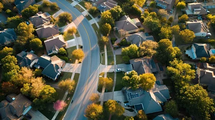 Poster Aerial view of suburban neighborhood in suburbs Dallas, Texas, USA, Aerial view of a cul-de-sac at a neighborhood road dead end with built homes. © Naknakhone