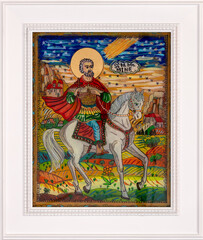 Icon painted on reverse glass in the naive orthodox style of Eastern Europe depicting Saint Mina of Egypt. Framed icon.