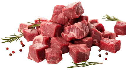 Falling diced beef meet, cubes of raw beef with rosemary isolated on transparent and white background.PNG image.
