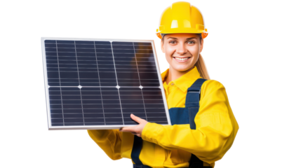Female engineer holding a solar panel isolated on transparent and white background.PNG image.