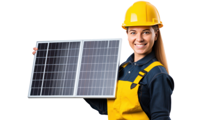 Female engineer holding a solar panel isolated on transparent and white background.PNG image.