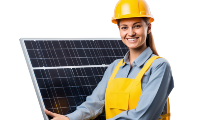 Female engineer holding a solar panel isolated on transparent and white background.PNG image.