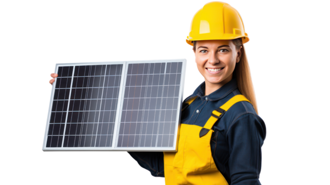 Female engineer holding a solar panel isolated on transparent and white background.PNG image.