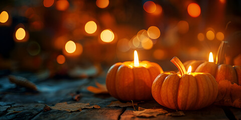 Pumpkin Magic: halloween candle pumpkin on bokeh background
