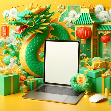 Creative Festive Bright Green & Yellow 3D Cartoon Chinese Happy Lunar New Year of the Dragon Statue 2024 Zodiac Sign with Computer Tablet Mockup with Gift Boxes Lanterns Coin & Oriental Peach Blossoms