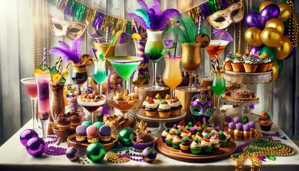 Fototapeta na wymiar Feast of Festivity: Mardi Gras Dessert Table with Highlighted CupcakesFeast of Festivity: Mardi Gras Dessert Table with Highlighted Cupcakes