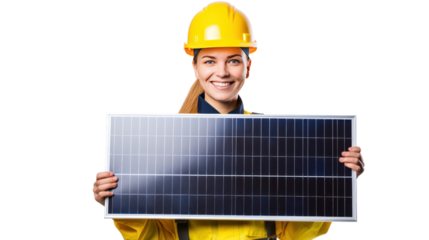 Female engineer holding a solar panel isolated on transparent and white background.PNG image.